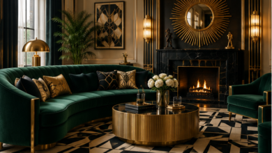 Art deco interior design living room with emerald sofa