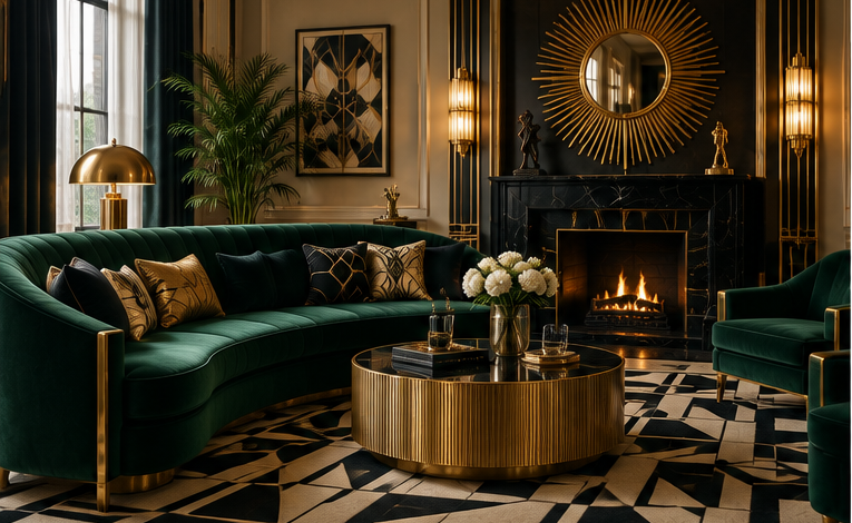 Art deco interior design living room with emerald sofa
